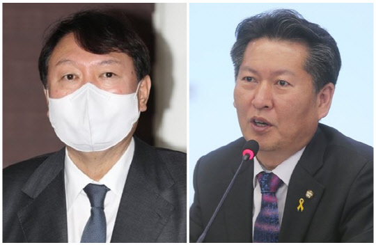 윤석열(왼쪽) 국민의힘 대선 후보와 정청래 더불어민주당 의원. 연합뉴스